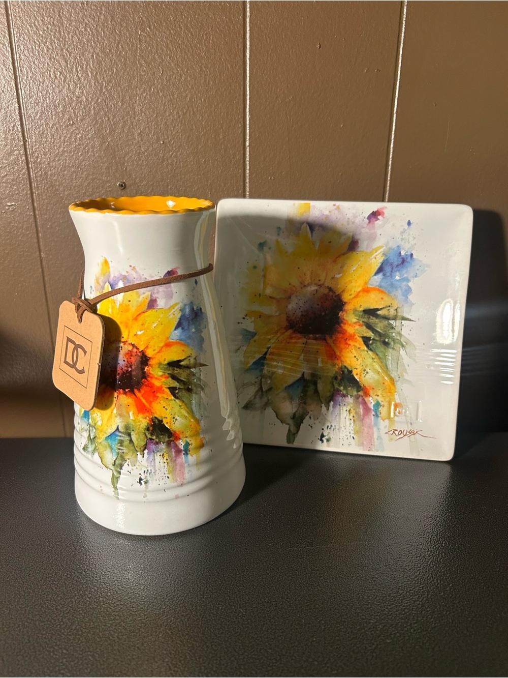 DEMDACO Dean Crouser Yellow Sunflower Ceramic Vase with Matching Trinket Dish